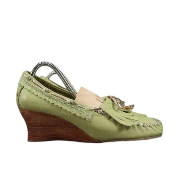 Sam Edelman Shoes Womens 8.5 Moccasin Wedge Fashion Y2k Fringe Leather Green Bow - Picture 1 of 14